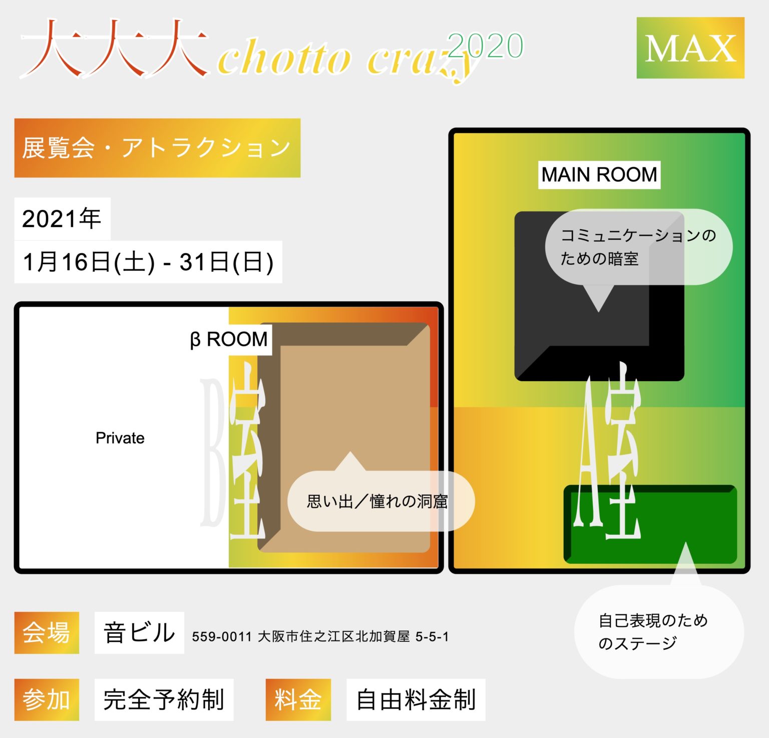 ペフが企画する展覧会・アトラクション「大大大 chotto crazy 2020 MAX」、音ビルにて開催。17名の「ちょっとクレイジーな仲間」から集まったアイディアや創造的チャレンジを実現。