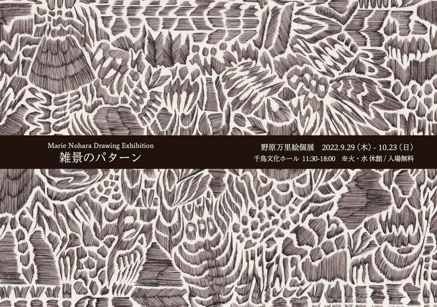 野原万里絵の初めてのドローイング展「雑景のパターン」、千鳥文化にて。日々の制作の連続で生まれた約60点の作品で構成した展示。